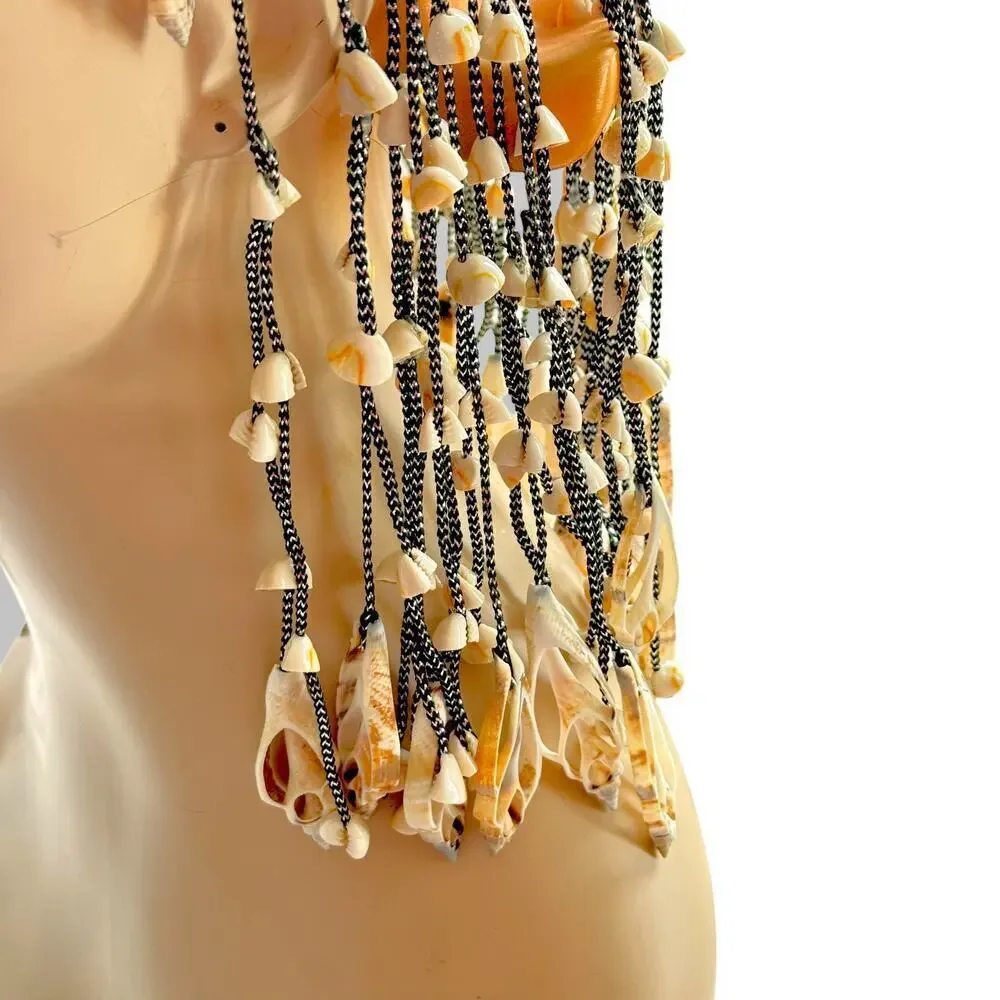 1970s Cleopatra Cowrie Fringe Seashell Egyptian Silver Flapper Headdress Vintage